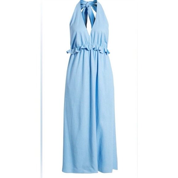 Charles Henry Linen Blue Halter Dress Large L Maxi Backless - Picture 2 of 10
